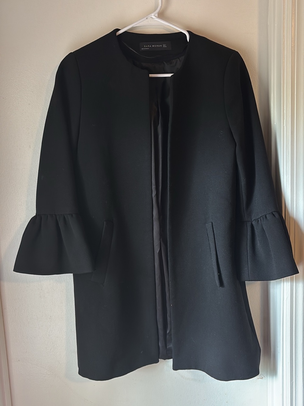 Zara Black Bell-Sleeve Open Front Trench Coat